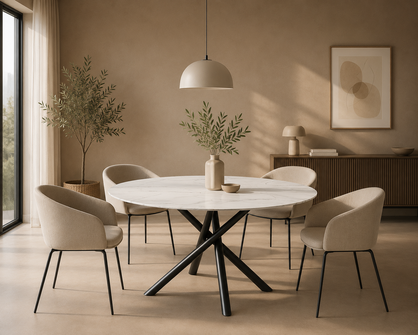 AGER - Table de salle à manger ronde effet marbre 120 cm avec piètement métallique noir