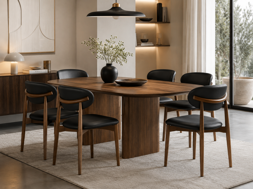LEMA - Chaise de salle à manger en similicuir noir et finition bois au design moderne