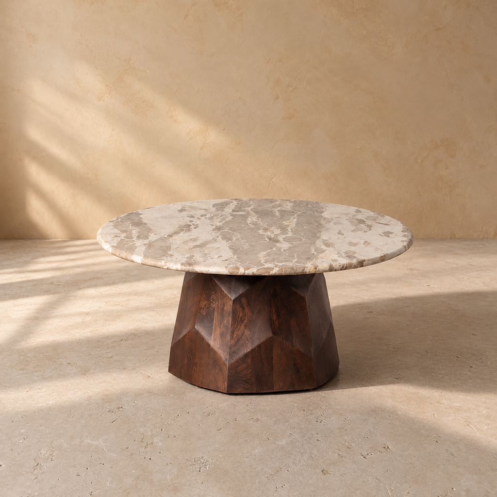 MURTOSA - Mesa de centro de madera y mármol para salón 90 x 90 x 40 cm