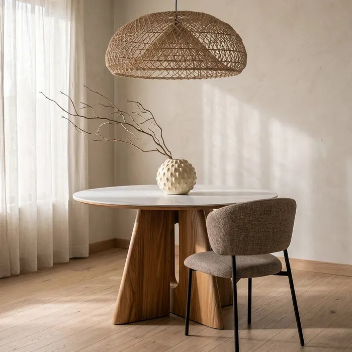 TIEDRA - Mesa de comedor redonda de cerámica blanca y madera natural 120 cm