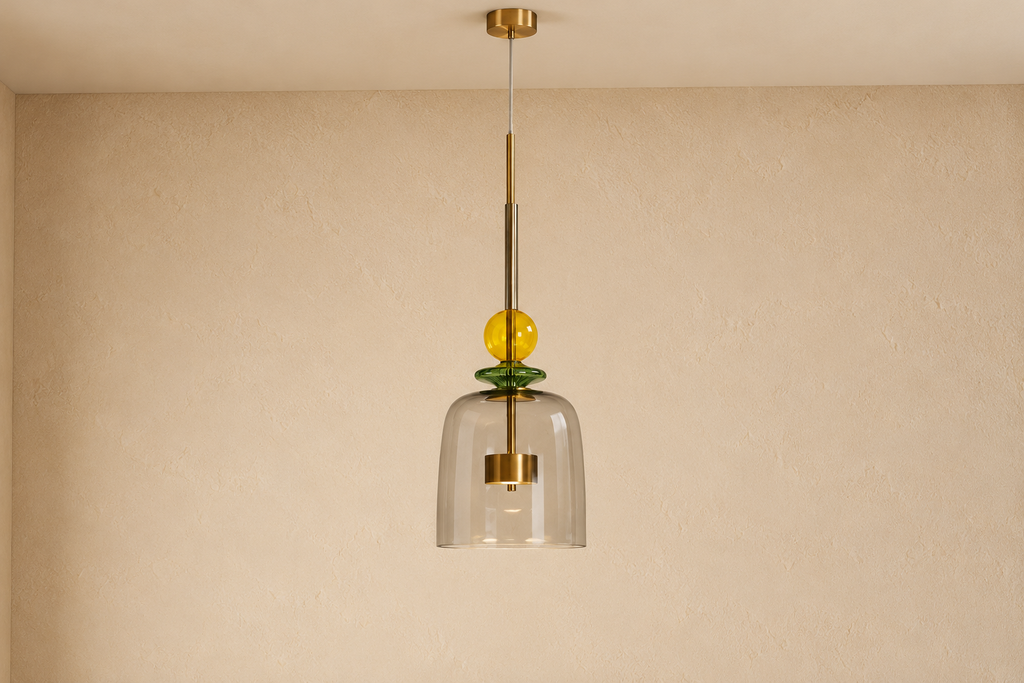 HECHO - Suspension en verre gris et jaune avec fer doré 64 cm