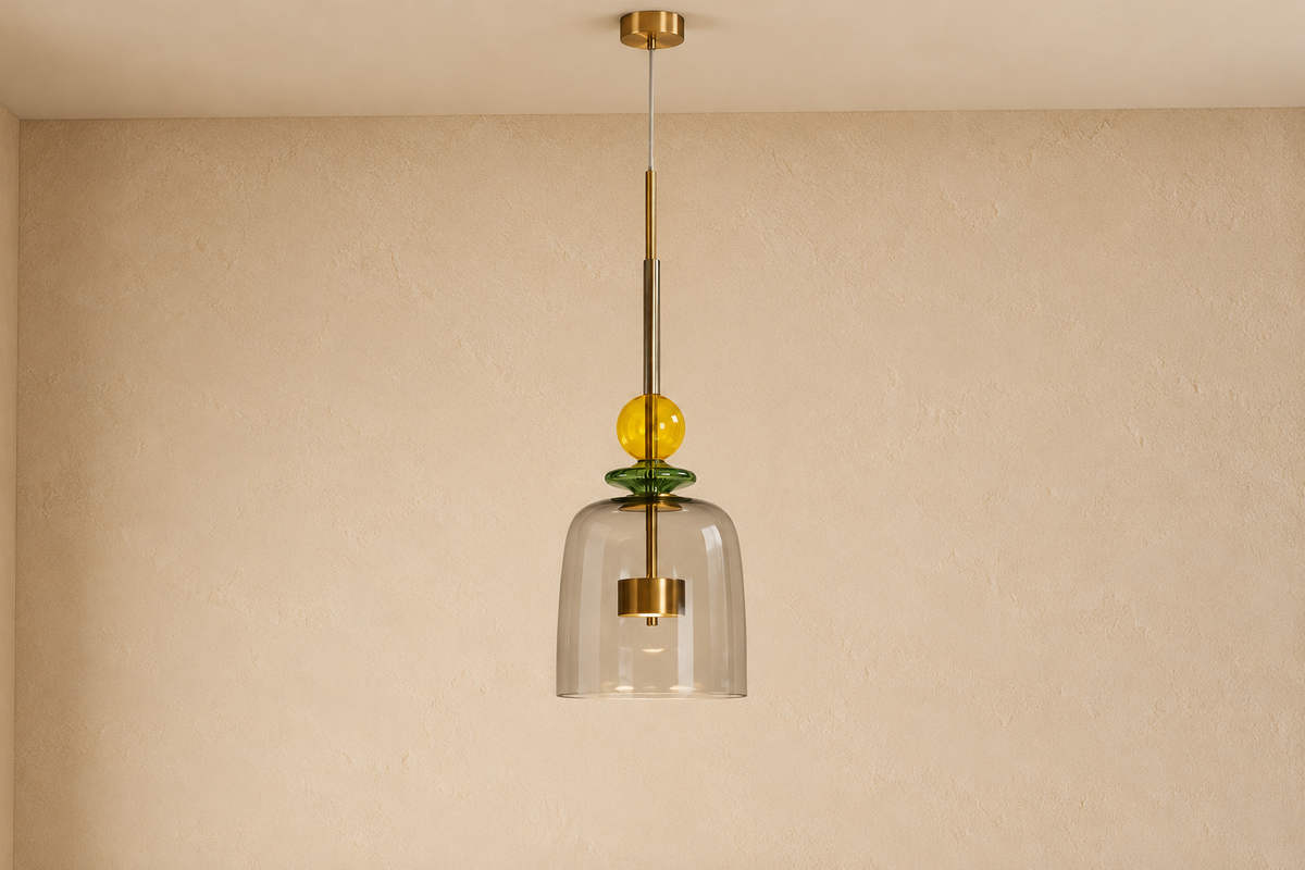 HECHO - Suspension en verre gris et jaune avec fer doré 64 cm