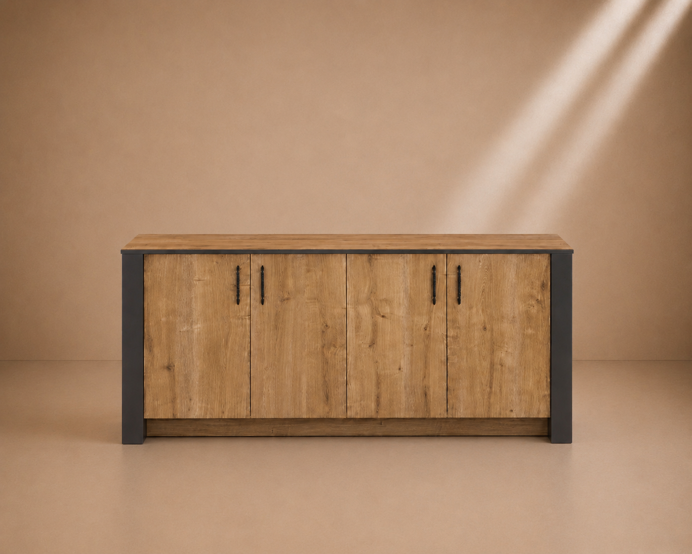 SABAL - Buffet Design Industriel 180 cm Chêne & Anthracite – Bahut 4 Portes pour Salon et Salle à Manger