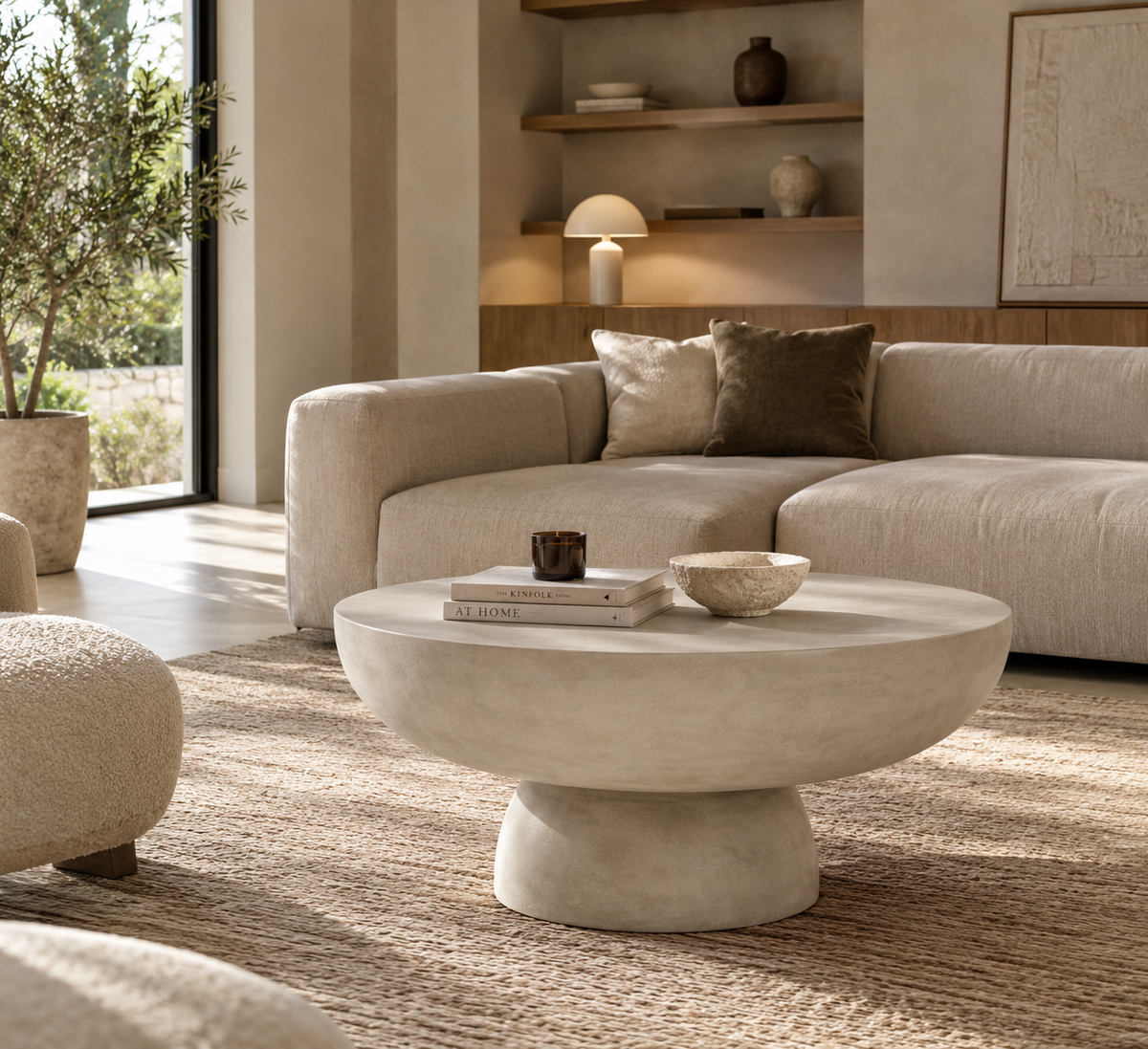 JARAY - Table basse ronde en grès gris 92 cm