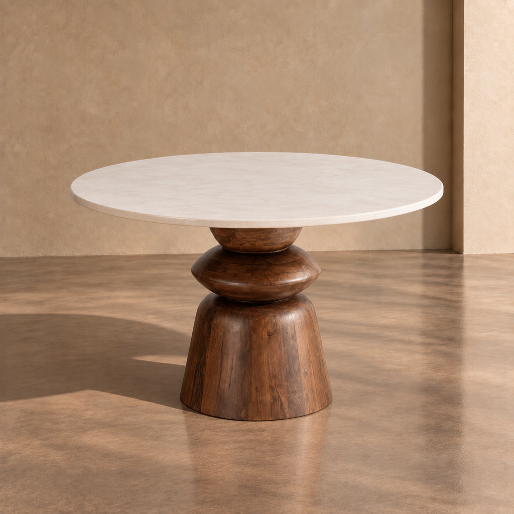 MENDAVIA - Mesa de comedor redonda de mármol y madera de mango de 120 cm