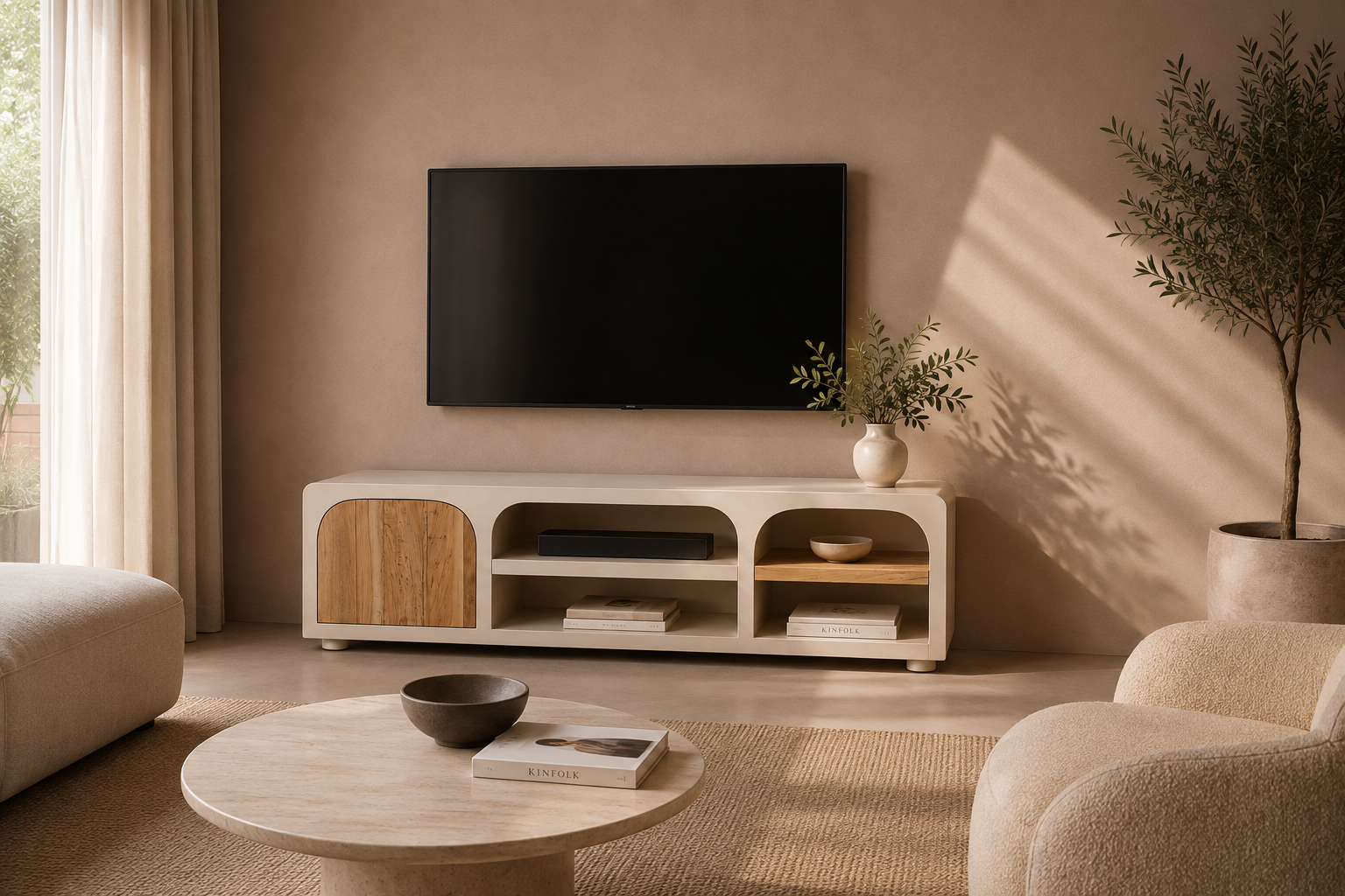 BUIZA - Mueble TV de diseño blanco crema y madera reciclada de 165 cm