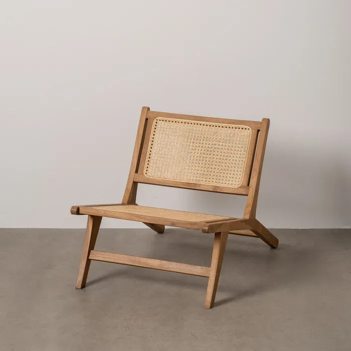 CASTELNOU - Sillón de madera natural con respaldo de ratán trenzado