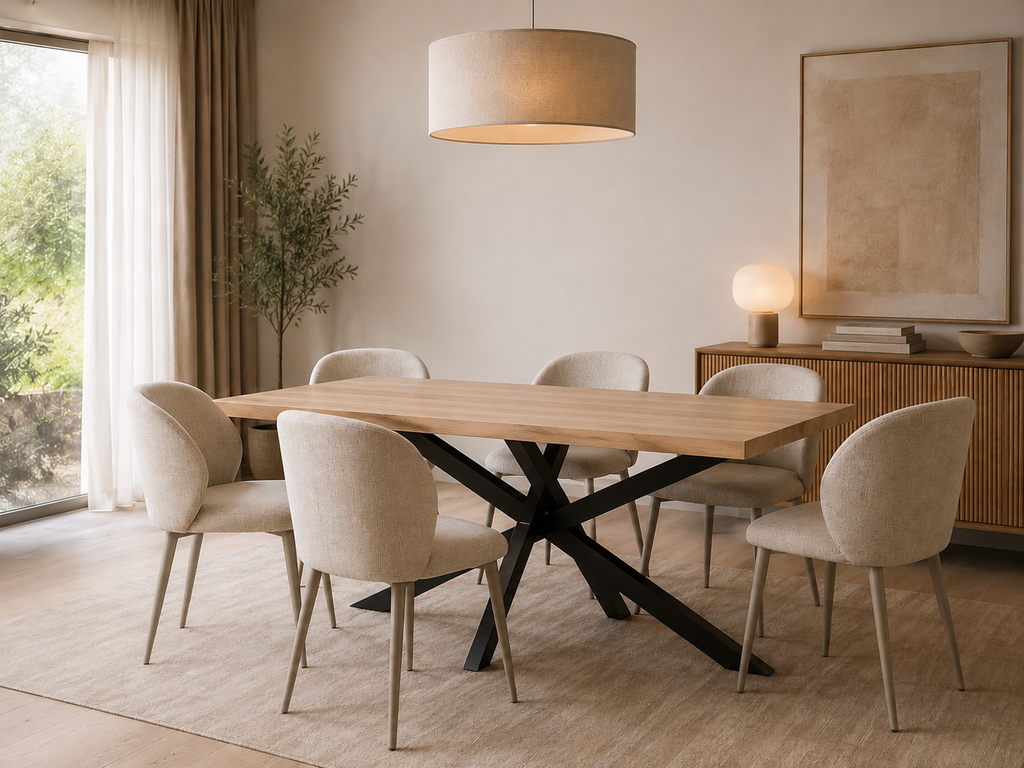 OREA - Mesa de comedor de acacia y metal negro 180 x 90 cm
