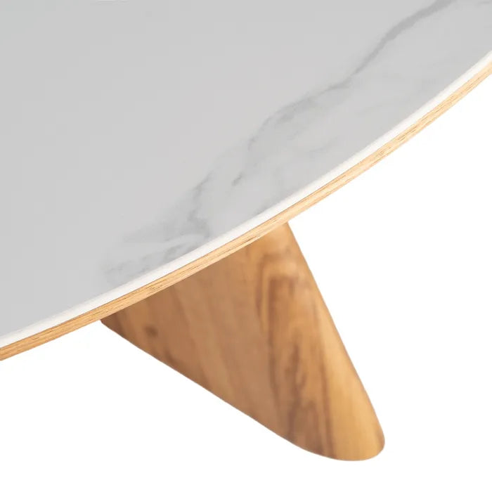 TIEDRA - Mesa de comedor redonda de cerámica blanca y madera natural 120 cm