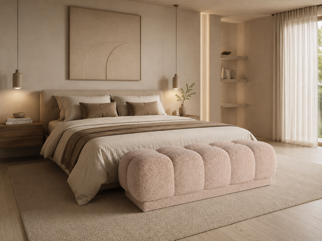 ALZAR - Pied de lit 2 places en bouclé beige au design contemporain et confort enveloppant