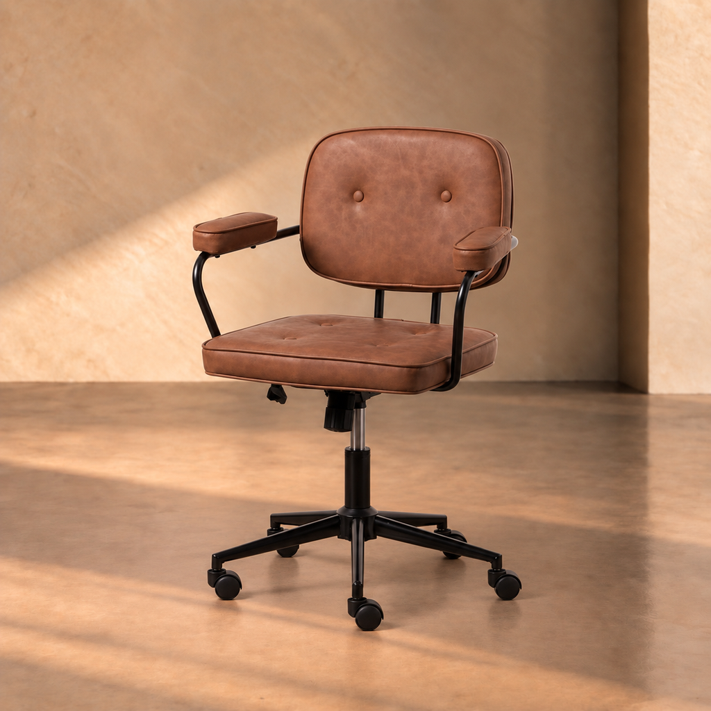 L'ESCALA - Silla de oficina con ruedas en piel sintética color camel y metal 56 × 56 × 92 cm