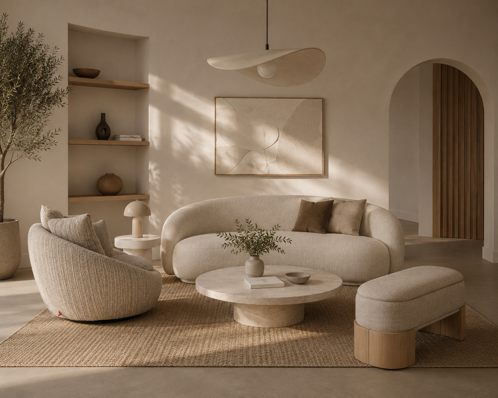 STORO - Sillón giratorio de diseño contemporáneo en tejido jaspeado beige, confort envolvente