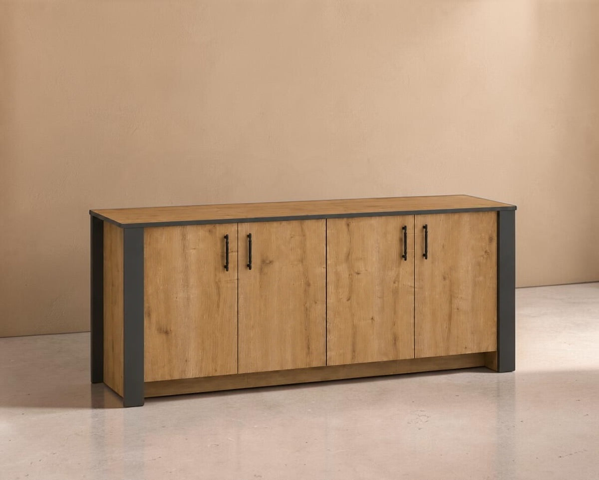 SABAL - Aparador Design Industrial 180 cm Carvalho e Antracite – Aparador 4 Portas para Sala de Estar e Sala de Jantar