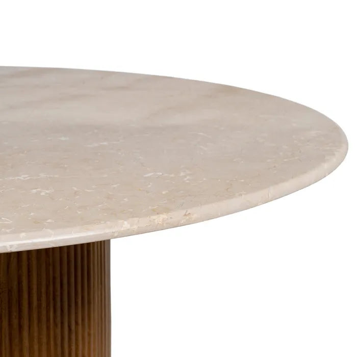 LERMA - Mesa de comedor redonda de mármol crema y madera de mango 120 cm