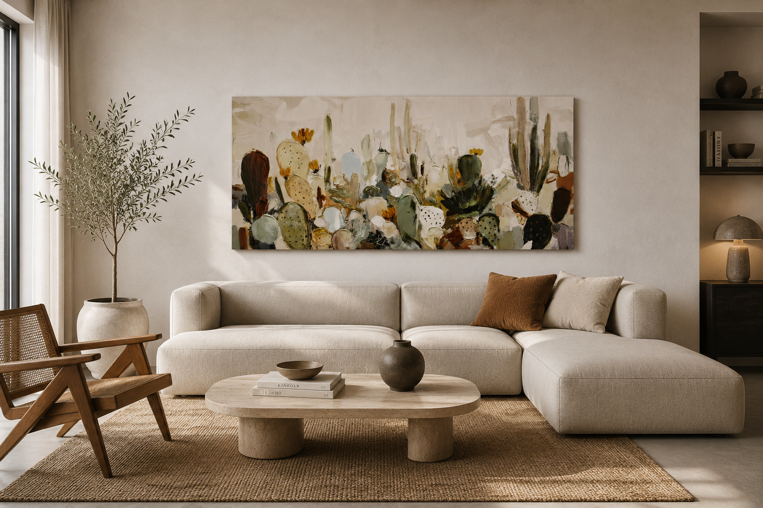 YESTE - Óleo sobre lienzo Cactus verdes 70 × 140 cm – Cuadro abstracto contemporáneo