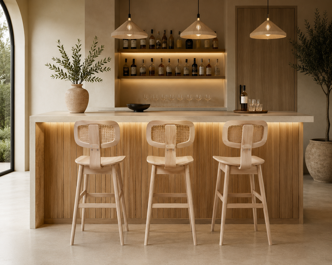 MILU - Banqueta de bar de design em madeira natural e palhinha 69 cm