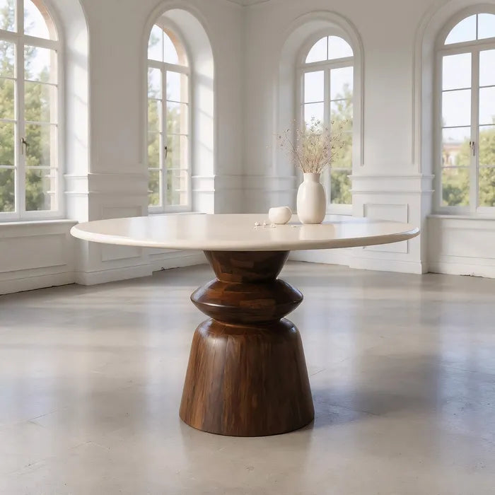MENDAVIA - Mesa de comedor redonda de mármol y madera de mango de 120 cm
