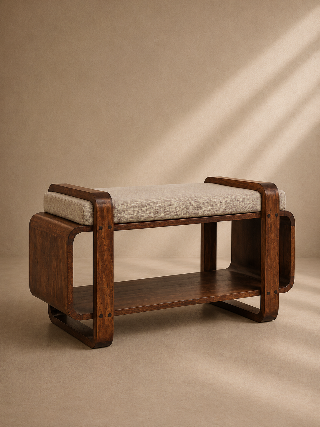 IRIS - Banc d’entrée design en bois massif avec assise en lin – Style Mid-Century