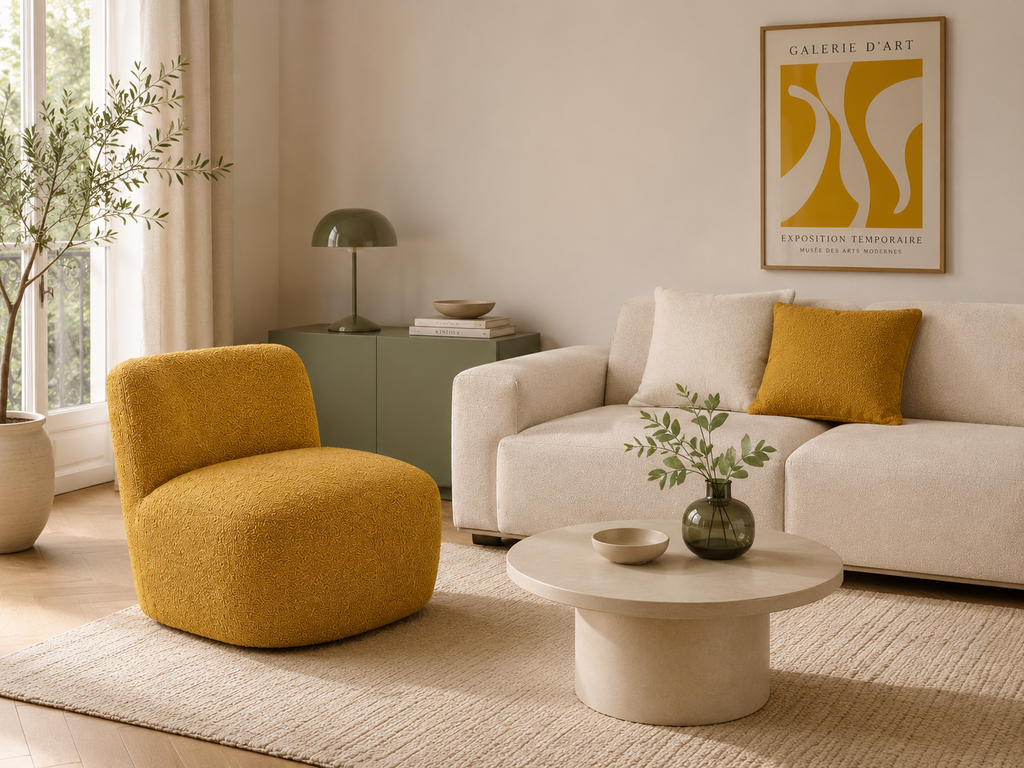 LOURO - Fauteuil design en bouclette jaune moutarde - pour salon, hôtel, réception