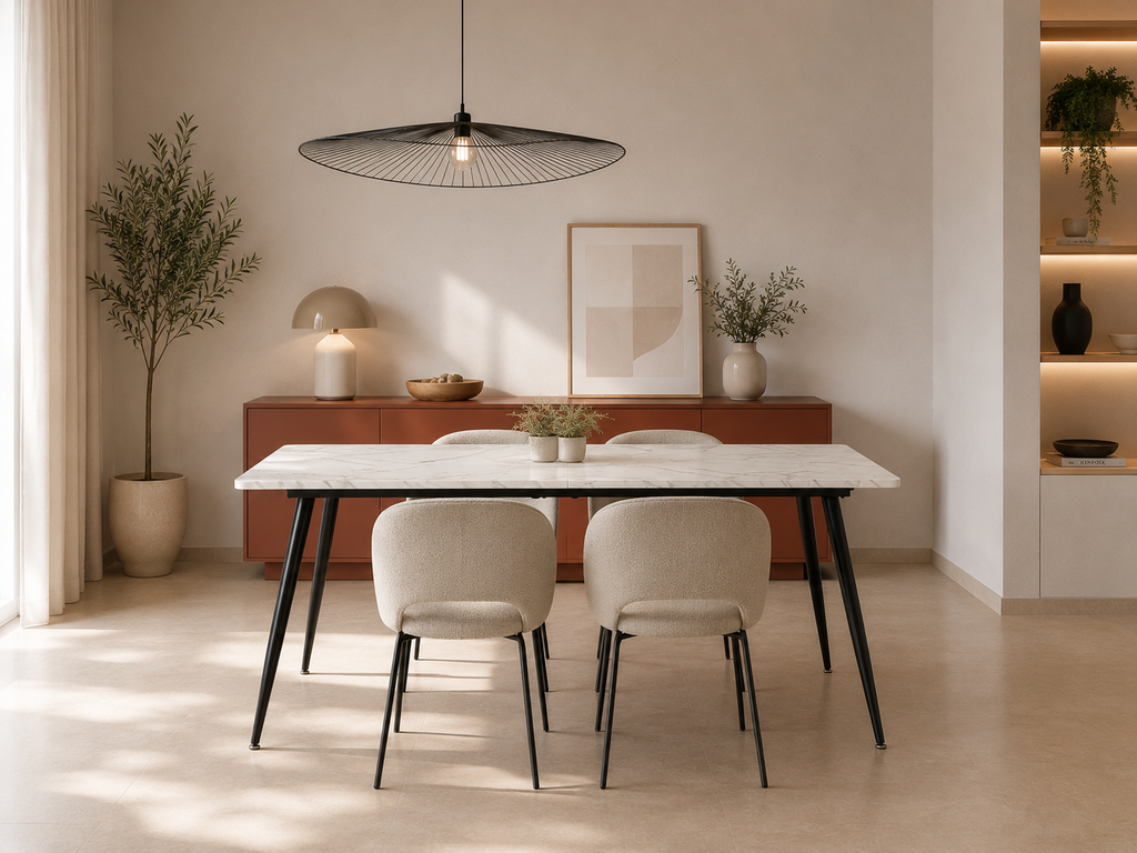 LAYNA - Table à manger effet marbre blanc 120 cm – Style contemporain avec pieds en métal noir