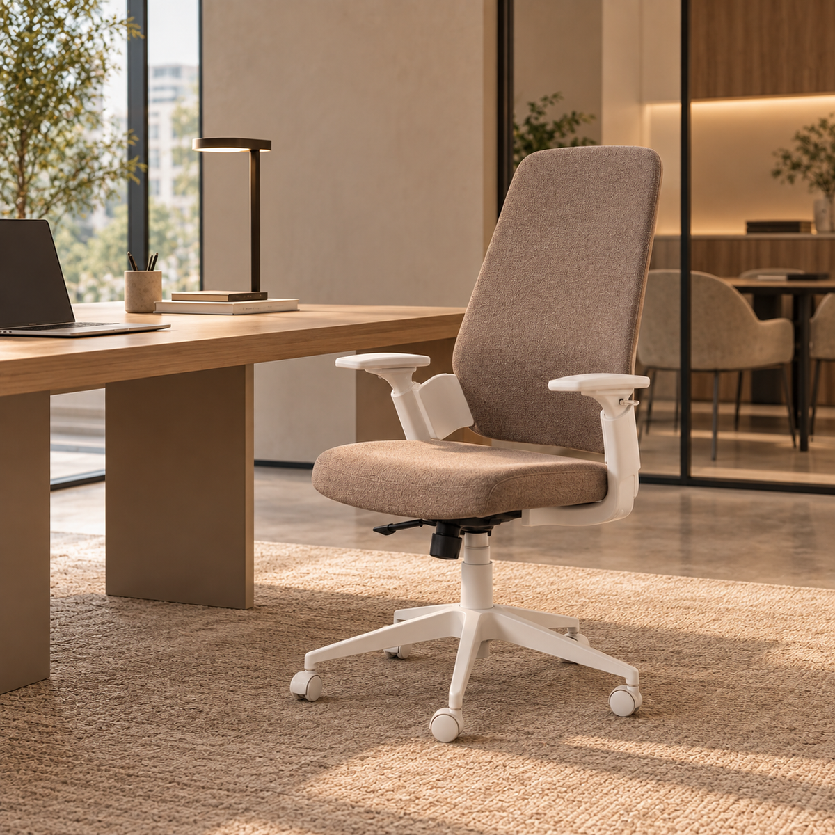 COLLIOURE - Silla de oficina con ruedas, tela color topo y metal, 67,5 × 62 × 114,5 cm