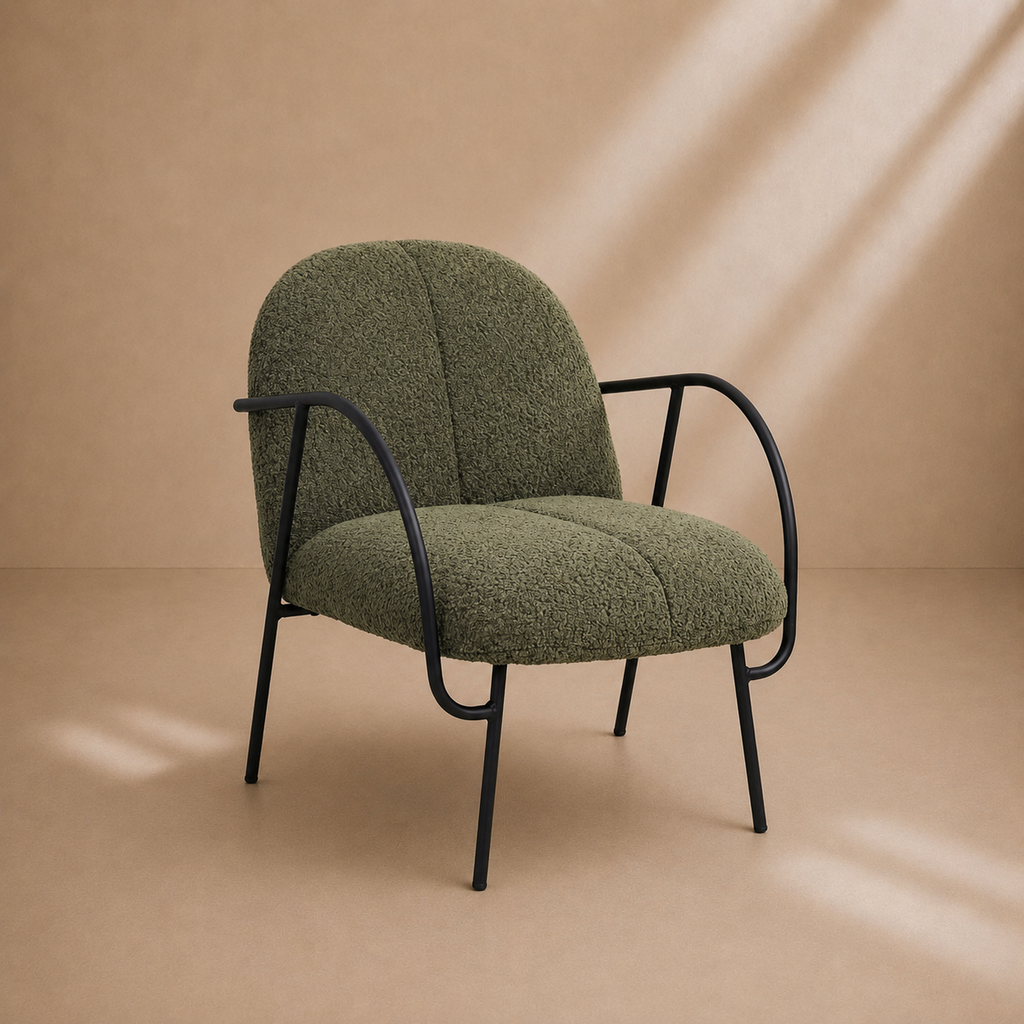 CUBEL - Fauteuil en bouclette verte avec structure en métal noir - pour salon, bureaux, réunion