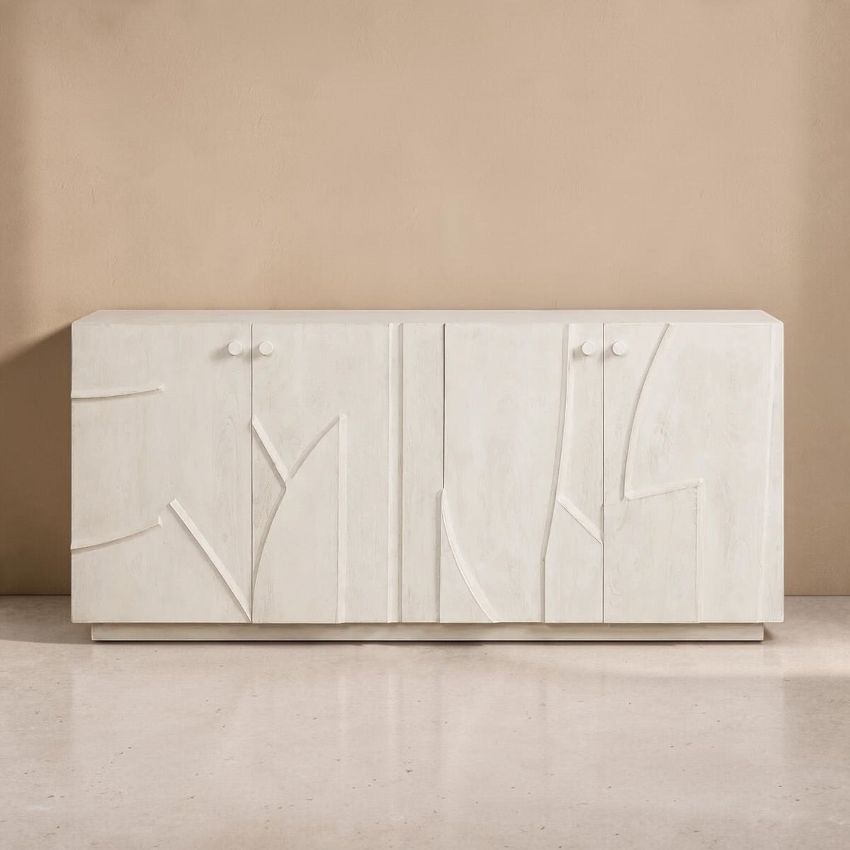 ORIA - Aparador 4 portas em madeira de mangueira entalhada 180 cm – Design contemporâneo