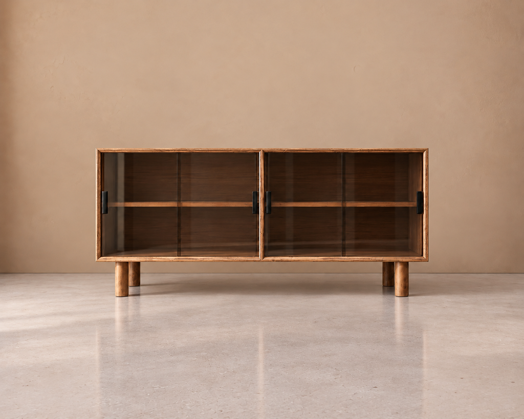 ZENIA - Aparador marrón madera cristal 160 cm