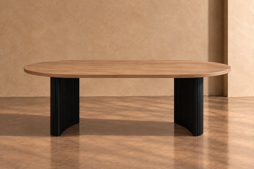 SANTIZ - Mesa versátil ovalada de madera natural y metal negro 220 cm - comedor o reuniones