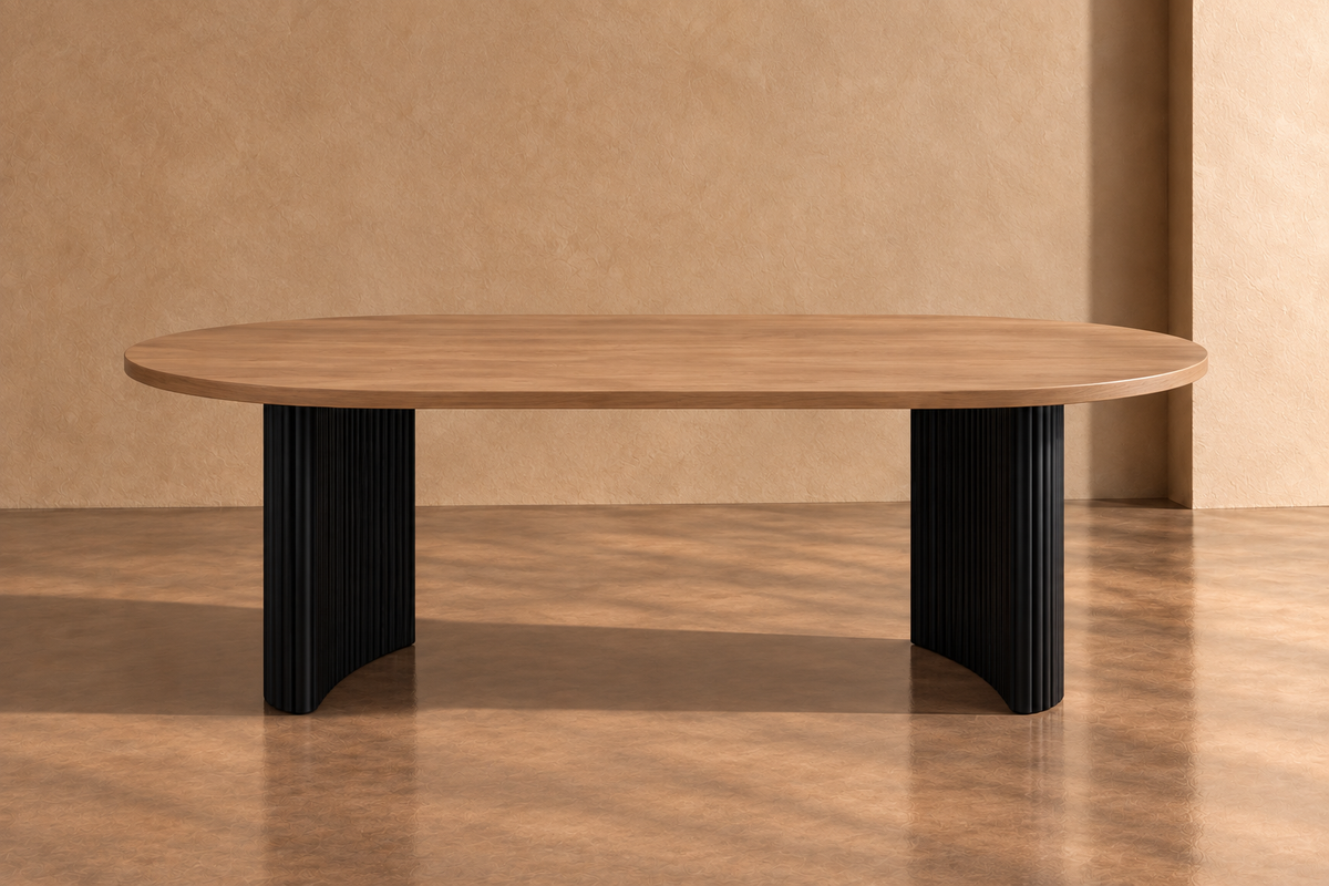 SANTIZ - Mesa versátil ovalada de madera natural y metal negro 220 cm - comedor o reuniones