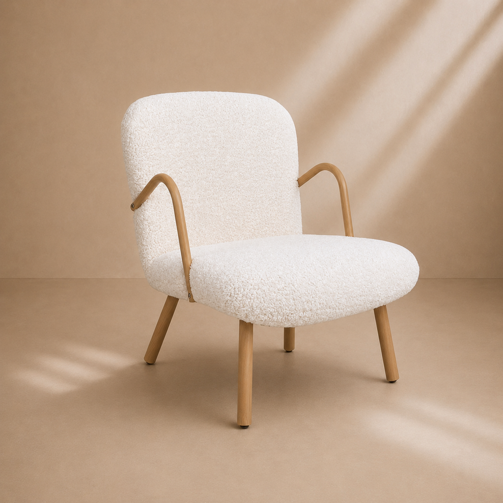 DARRO - Fauteuil inclinable en bouclette blanche avec accoudoirs en bois
