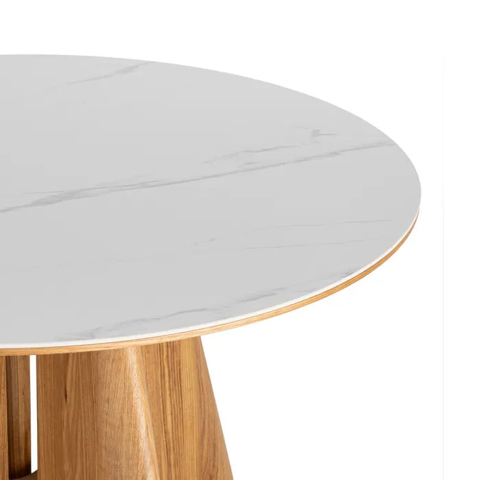 TIEDRA - Mesa de comedor redonda de cerámica blanca y madera natural 120 cm