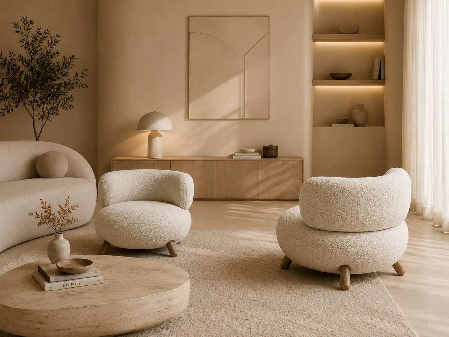 CLARET - Fauteuil design bouclette beige avec pieds en bois – Confort et élégance contemporaine