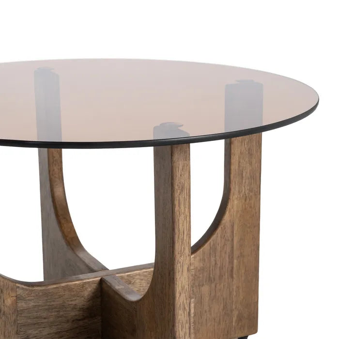 CASTRO - Mesa de centro redonda de madera y cristal marrón 60 x 60 x 41 cm