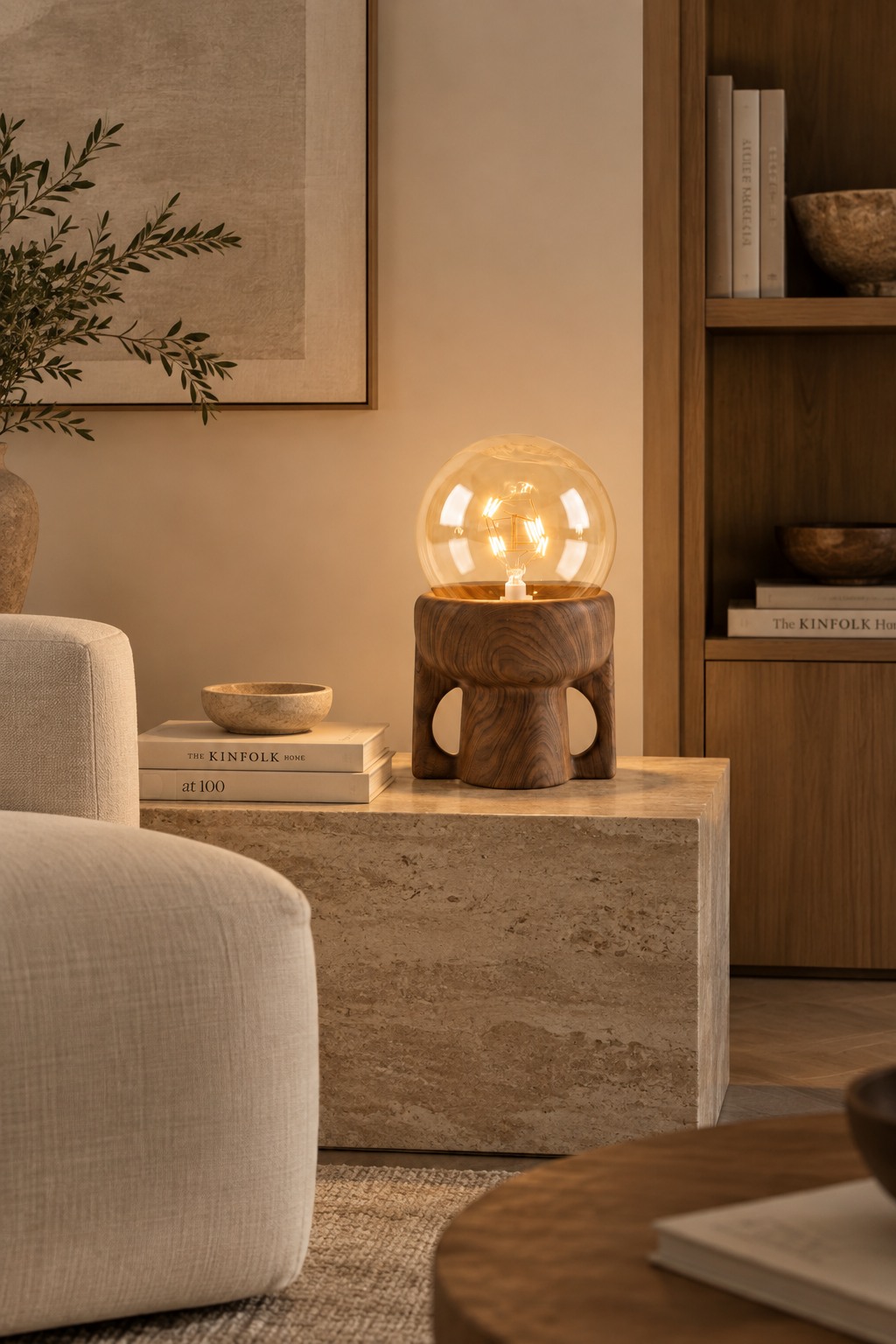 ELDA - Lámpara de mesa de diseño con efecto madera de nogal y cristal ámbar de 20 cm