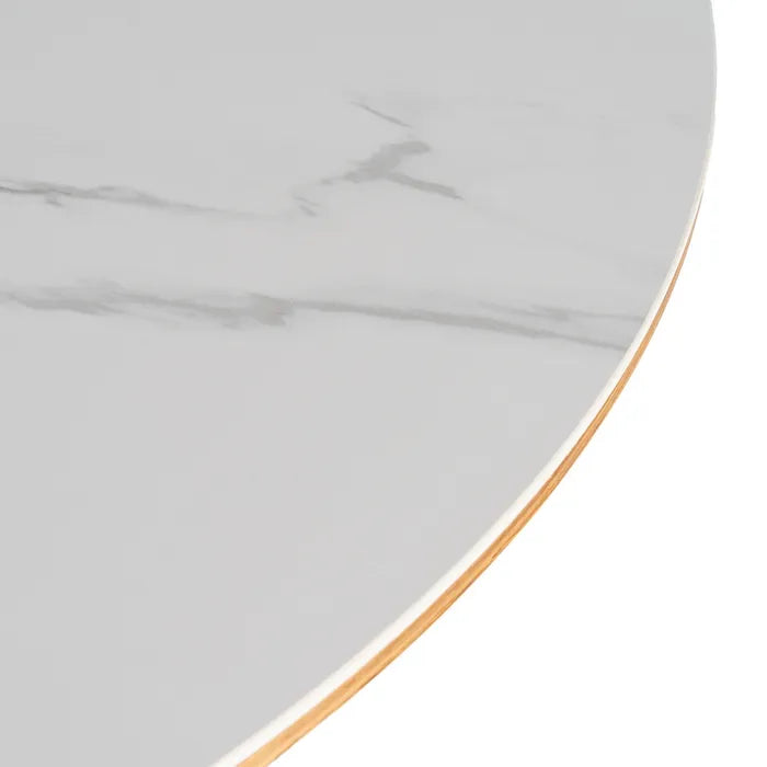 TIEDRA - Mesa de comedor redonda de cerámica blanca y madera natural 120 cm