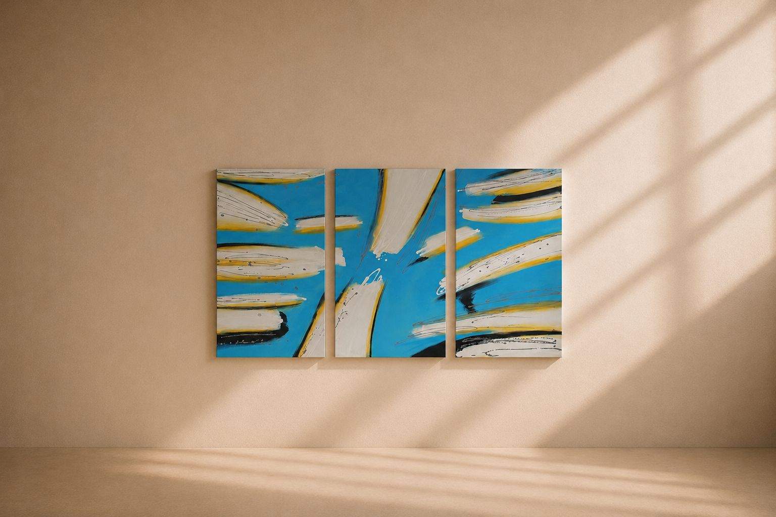 AMATI - Tableau Triptyque Abstrait Bleu, Blanc & Jaune – Peint à la Main (150 x 100 cm)