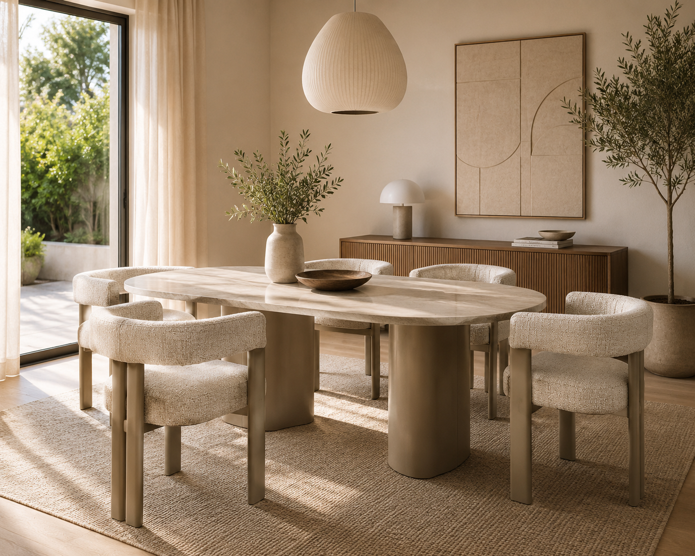 SALDA - Chaise de salle à manger design en tissu bouclé beige et structure métal taupe