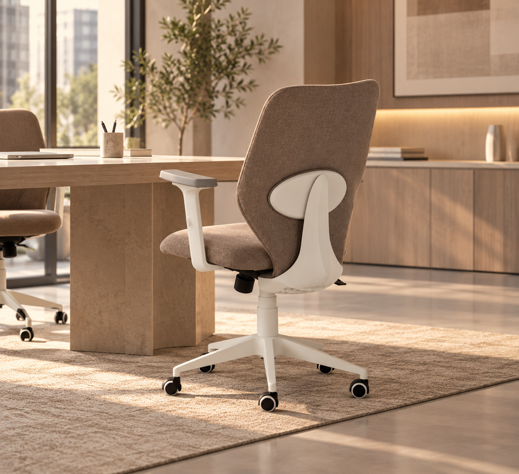 ÓBIDOS - Silla de oficina con ruedas de tela y metal color topo 63 × 59 × 94,5 cm