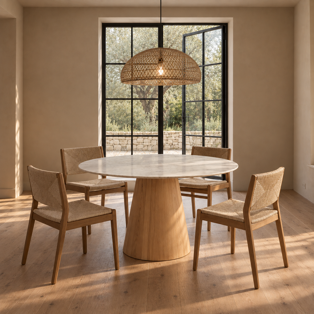 CAVIA - Mesa de comedor redonda blanca y natural 120 cm – estilo contemporáneo
