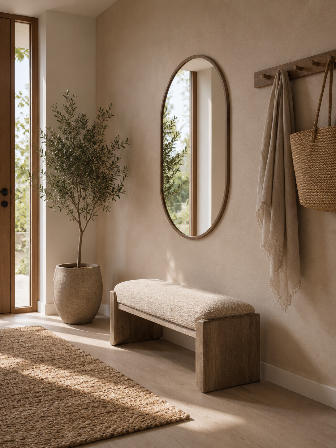 ALDO - Banc d’entrée / Bout de lit en bois de manguier et tissu effet jute 122 cm