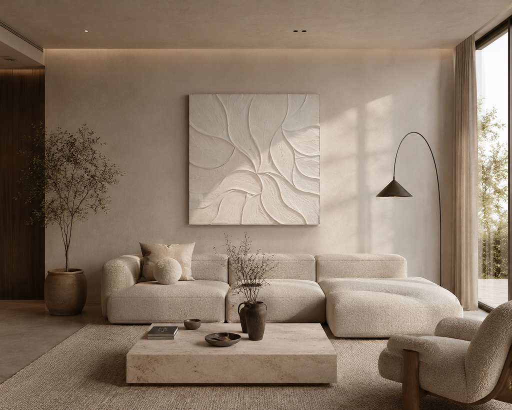 TAVEL - Tableau mural abstrait en relief 120 × 120 cm – Bois taupe | Design minimaliste