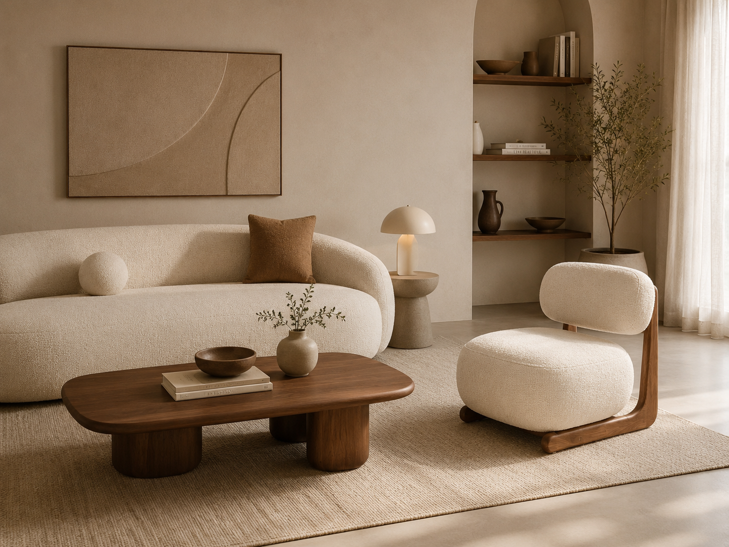 BEDAR - Fauteuil design en tissu bouclé crème et structure en noyer