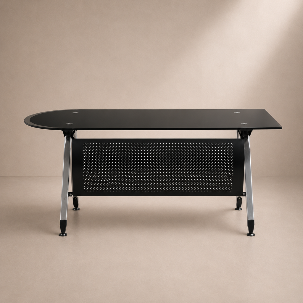 MECO - Bureau dest-on en verre noir et acier inoxydable 180 cm