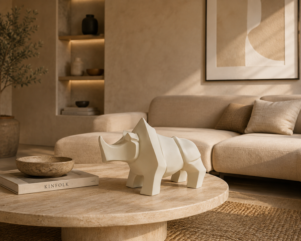 YESTE - Figura decorativa de rinoceronte de fibrocemento blanco