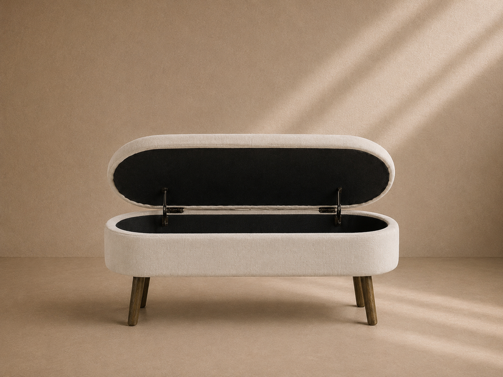 COVA - Banc coffre en chenille beige 110 × 40 × 42 cm – Élégance, confort et rangement au quotidien