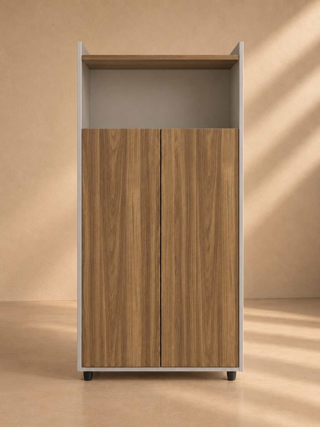 NOEZ - Armoire haute de rangement gris clair et bois 142 cm - miel et cacao
