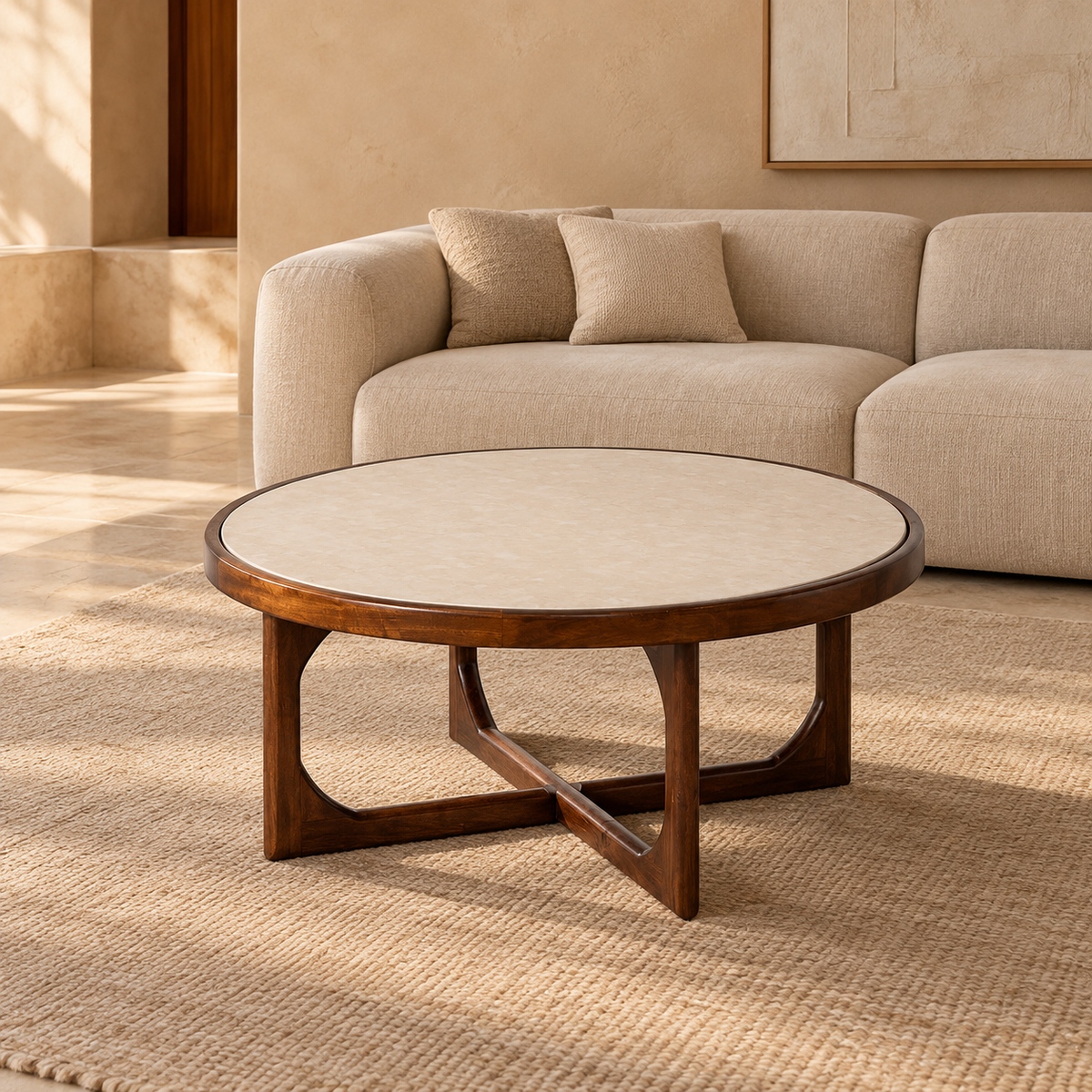 REAL - Mesa de centro mármol/madera salón 78 x 78 x 36 cm