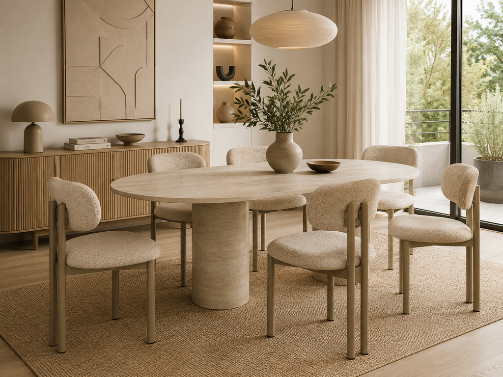 AMOSTA - Chaise de salle à manger design en tissu beige et métal taupe