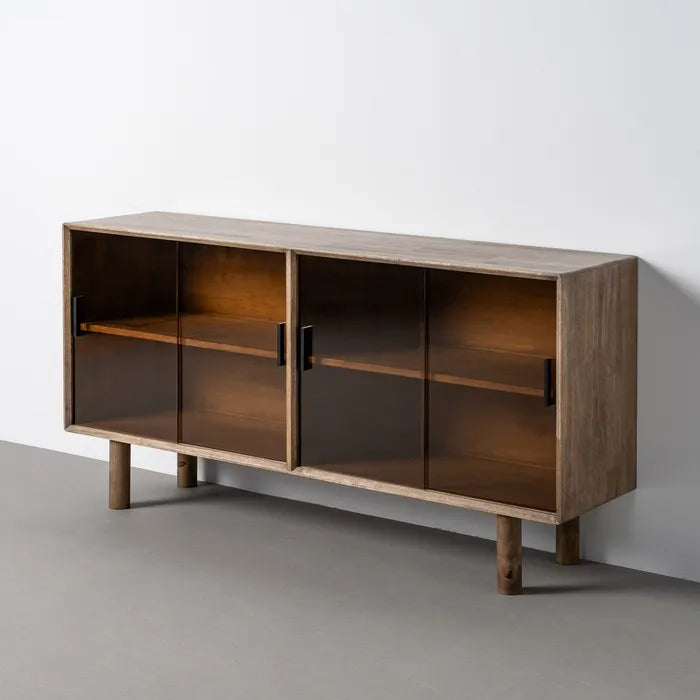 ZENIA - Aparador marrón madera cristal 160 cm